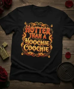Hotter Than A Hoochie Coochie text in fiery vintage style on a black t-shirt