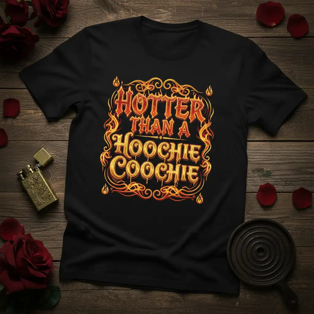 Hotter Than A Hoochie Coochie quote in bold, fiery typography on a black t-shirt design