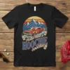 Hottie than a HOOCHIE coochie retro car t-shirt design with flames, mountains, and American flag elements
