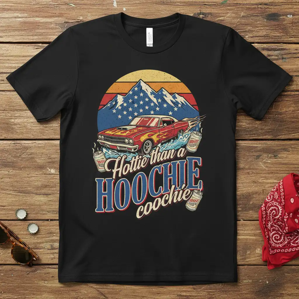 Hottie than a HOOCHIE coochie retro muscle car design with vintage sunset and American flag mountains