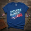 Hotties For Harris '24 t-shirt with American flag graphic and bold metallic text