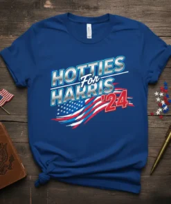 Hotties For Harris '24 t-shirt with American flag graphic and bold metallic text
