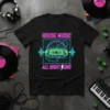 Black t-shirt with "HOUSE MUSIC ALL NIGHT SONG" text, a neon cassette tape, and headphones graphic