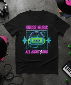 Black t-shirt with "HOUSE MUSIC ALL NIGHT SONG" text, a neon cassette tape, and headphones graphic