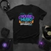 Black t-shirt with "HOUSE MUSIC HITS DIFFERENTLY MUSIC FOR THE SOUL" in neon-style text, headphones, and equalizer graphics