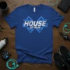 Blue t-shirt with "HOUSE OF RUN" text in silver and neon blue outline, designed for runners