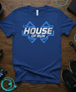 Blue t-shirt with "HOUSE OF RUN" text in silver and neon blue outline, designed for runners