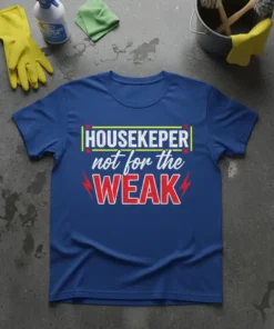 Housekeeper not for the weak quote on a royal blue t-shirt, with bold yellow and red typography