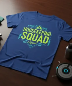 Housekeeping Squad text design in bright green and teal on a navy blue t-shirt, featuring geometric shapes