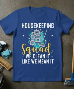 Housekeeping Squad We Clean It Like We Mean It text design with gears, broom, and cleaning spray graphic on a