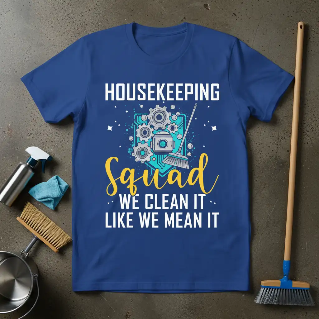 Housekeeping Squad We Clean It Like We Mean It quote with gears and broom graphic on a royal blue t-shirt