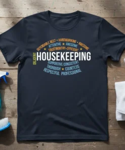 HOUSEKEEPING SUPPORTIVE CONSISTENT THOROUGH text design featuring unique typography on quality t-shirt