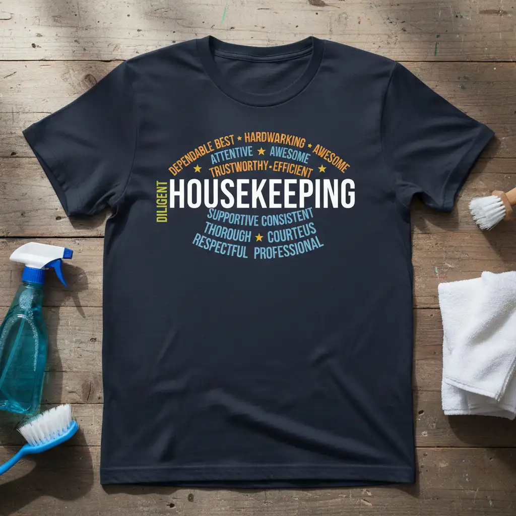 HOUSEKEEPING Supportive Consistent Thorough Courteous Respectful Professional qualities t-shirt design