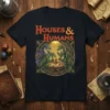 Houses & Humans t-shirt design with dragons playing a tabletop game, featuring D&D dice and cards