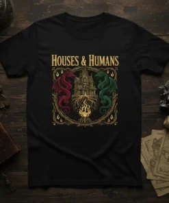 Houses & Humans t-shirt design with red and green dragons flanking a gothic house, set against a fiery background
