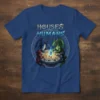 HOUSES AND HUMANS t-shirt design featuring four dragons playing a tabletop game around a circular board with runes