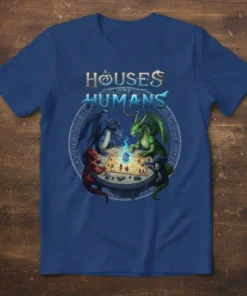 HOUSES AND HUMANS t-shirt design featuring four dragons playing a tabletop game around a circular board with runes