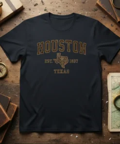 Houston Est 1837 Texas t-shirt design with vintage collegiate font and Texas map outline