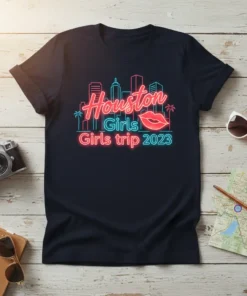 Houston Girls Girls trip 2023 text with neon outline and cityscape graphic on a navy t-shirt