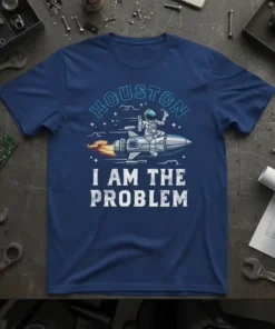 Houston I Am The Problem T-Shirt with astronaut riding a rocket design