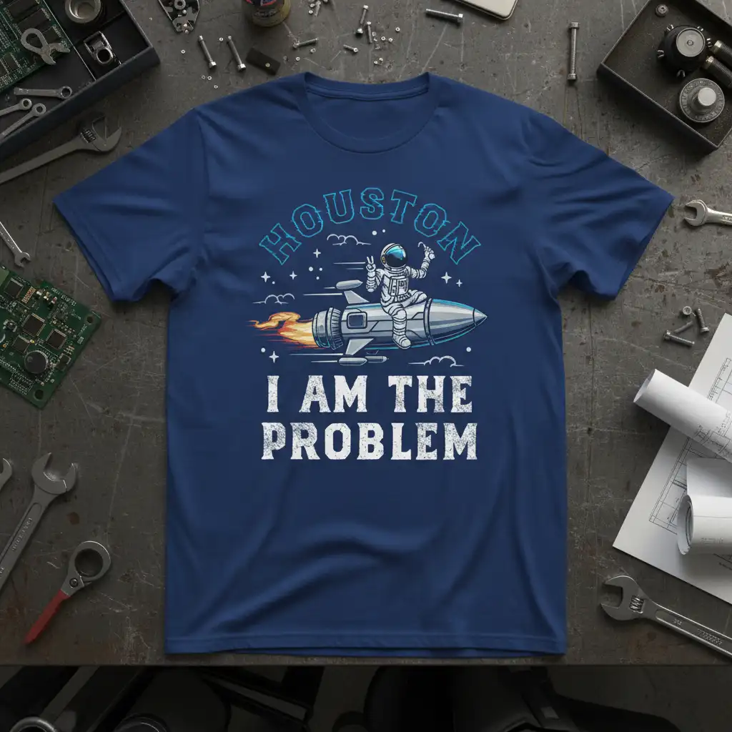 Houston I Am The Problem quote with astronaut riding rocket graphic on t-shirt