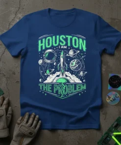 Houston I Am The Problem t-shirt with rocket launch, astronaut helmet, and planets design