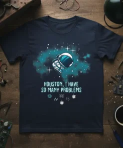 Astronaut in space with text "Houston, I Have So Many Problems" on a navy blue t-shirt