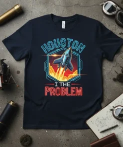 Houston I The Problem t-shirt with a blue rocket launching amidst clouds and stars, neon text above and below