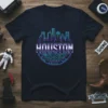 Houston Skyline Neon Graphic T-Shirt featuring a vibrant city outline and the word Houston in neon font, with gears below