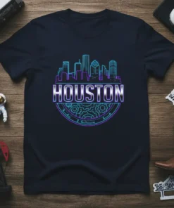 Houston Skyline Neon Graphic T-Shirt featuring a vibrant city outline and the word Houston in neon font, with gears below