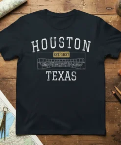 Vintage Houston Texas Est 1837 t-shirt design with city skyline graphic