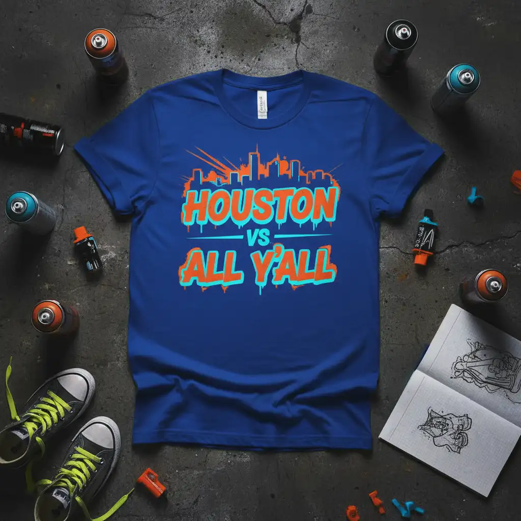 Houston Vs All Y'All text in graffiti font with city skyline graphic on a royal blue t-shirt