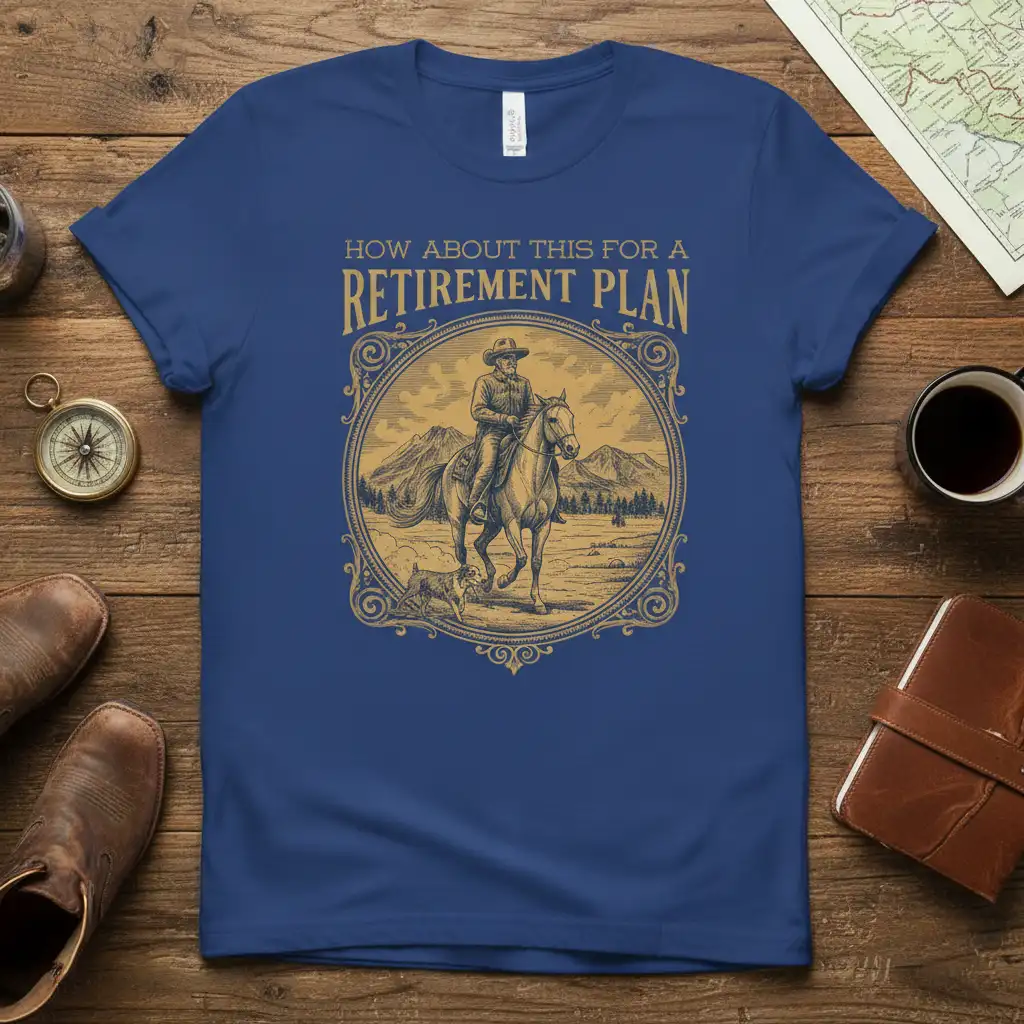 How About This For A Retirement Plan quote on a t-shirt with a cowboy riding a horse graphic