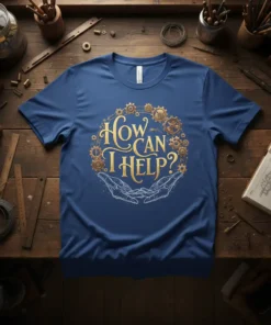 Steampunk gears surrounding the phrase "How Can I Help?" with cupped hands below on a blue t-shirt