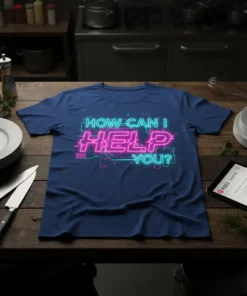 Blue t-shirt with neon pink and cyan text "HOW CAN I HELP YOU?" in a tech-inspired font