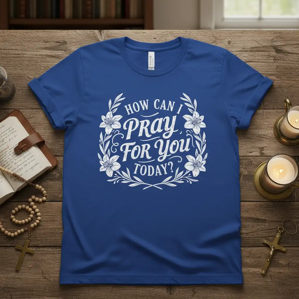 HOW CAN I PRAY For You TODAY? quote with floral wreath on a royal blue t-shirt