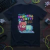 How do I UNINSTALL ANXIETY? And other life hacks quote on a t-shirt with a red panda using a computer