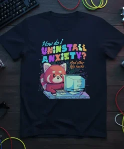 How do I UNINSTALL ANXIETY? And other life hacks quote on a t-shirt with a red panda using a computer