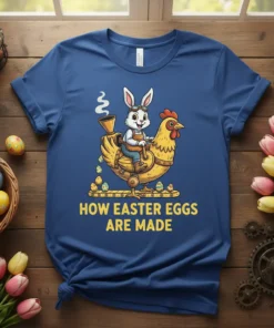 Blue t-shirt with yellow text "How Easter Eggs Are Made" above a cartoon bunny riding a chicken on an egg