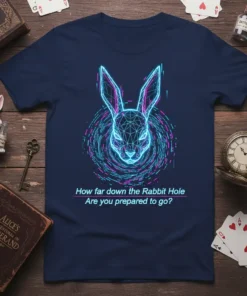 How far down the Rabbit Hole Are you prepared to go? quote on a navy t-shirt with a geometric neon