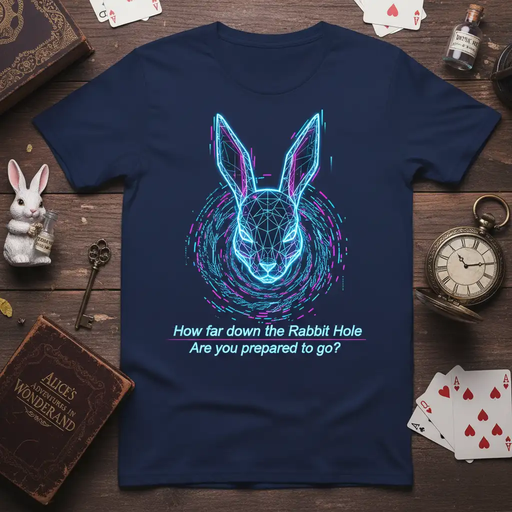 How far down the Rabbit Hole Are you prepared to go? quote with neon geometric rabbit graphic on navy t-shirt