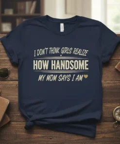 T-shirt with the quote "I Don't Think Girls Realize How Handsome My Mom Says I Am" in bold cream-colored text