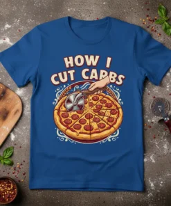 Blue t-shirt with "How I Cut Carbs" text above a cartoon pepperoni pizza being cut with a pizza cutter