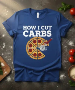 How I Cut Carbs text with pizza graphic and pizza cutter on a blue t-shirt