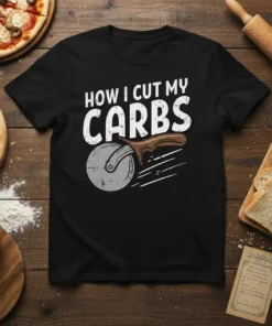 How I Cut My Carbs T-Shirt featuring a pizza cutter graphic and bold white text