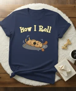 Navy blue t-shirt with yellow text "How I Roll" and a cartoon brown dog rolling on its back