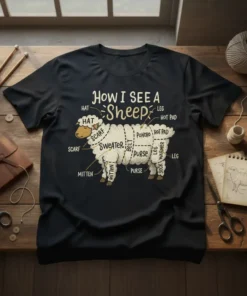 How I See A Sheep humorous t-shirt design with diagram labeling wool parts like sweater, scarf, and mittens