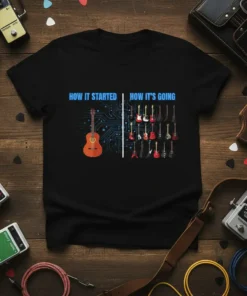 How It Started How It's Going T-Shirt design featuring an acoustic guitar and multiple electric guitars, with circuit board graphics