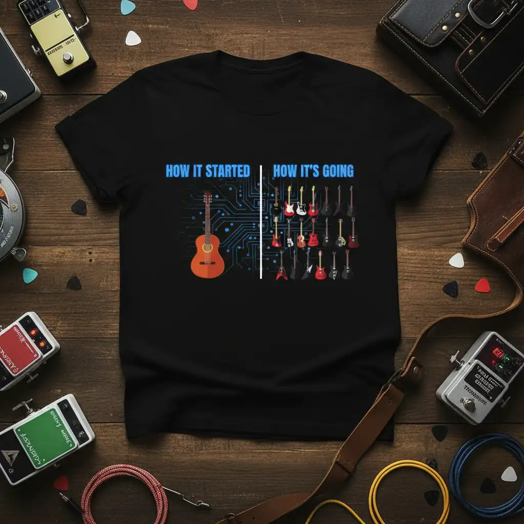 How It Started How It's Going guitar collection progression tee with acoustic and electric guitars