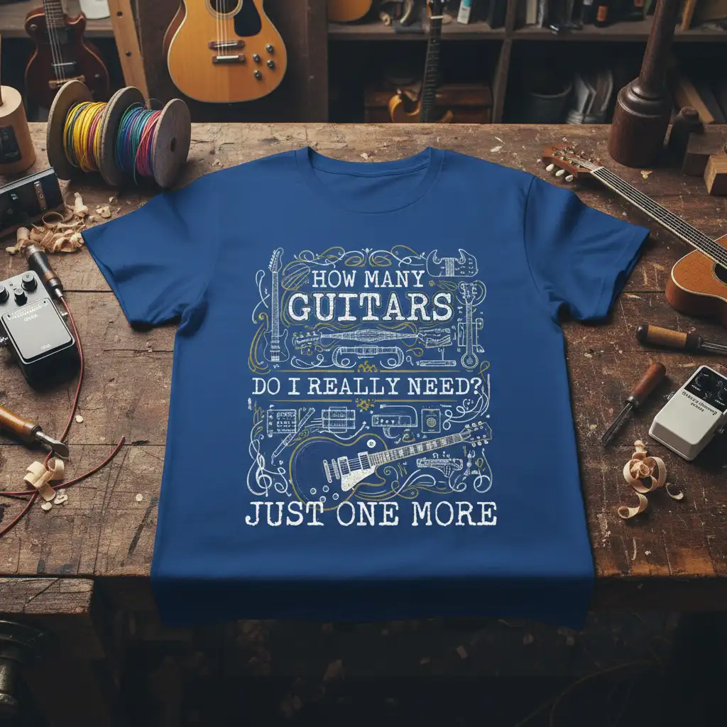 How Many Guitars Do I Really Need? Just One More quote t-shirt with detailed guitar graphics